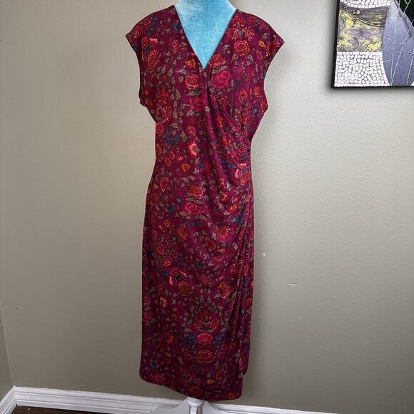 Lauren Ralph Lauren Women XL Dress Stretch Ruched Plum Floral midi - Picture 1 of 11